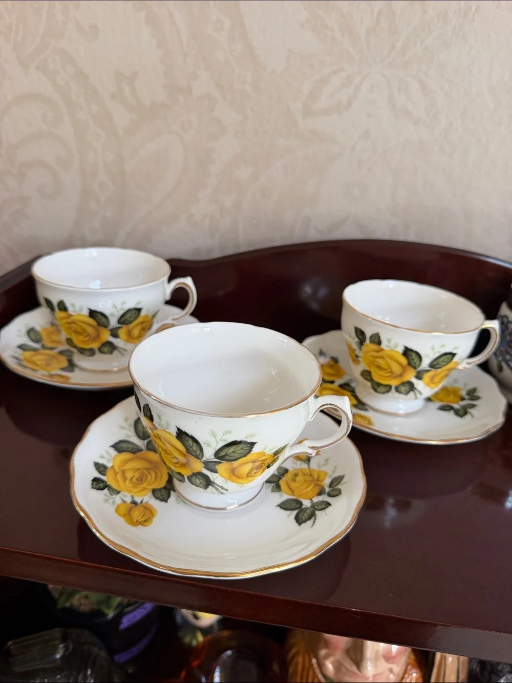 Set of 3 Vintage Royal Vale Yellow Rose Bone China Tea Cups and Saucers
